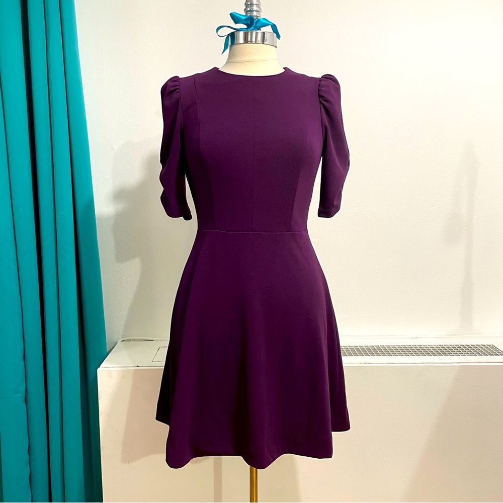 DKNY Purple Fit & Flare Dress A Line Midi Crew Neck Size 2 Short Sleeve